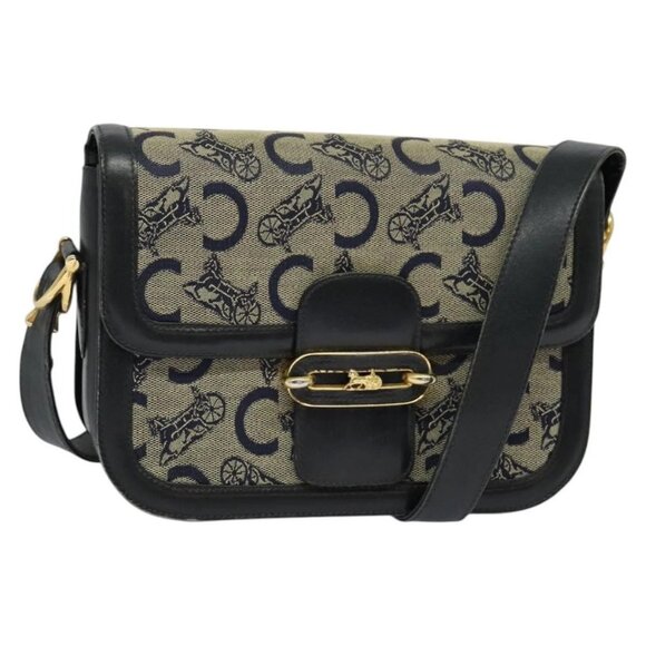 CELINE C Sulky Shoulder Bag Canvas Navy Gold